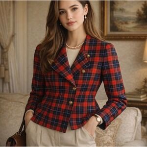 Size 8,Pendleton Wool Blazer Jacket Plaid Red Blue Green Gold Button Women's
